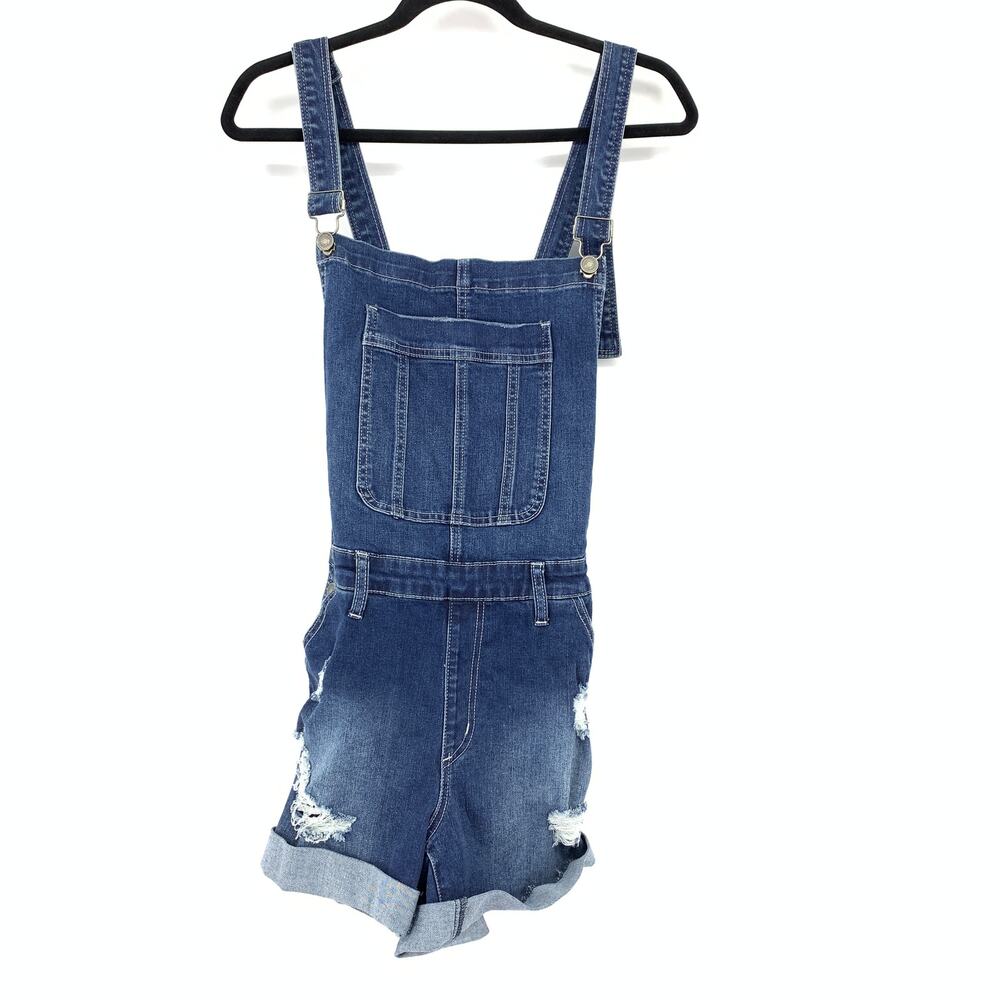 KanCan Shortall Cross Back Womens Size Large Overall Shorts Distressed Denim